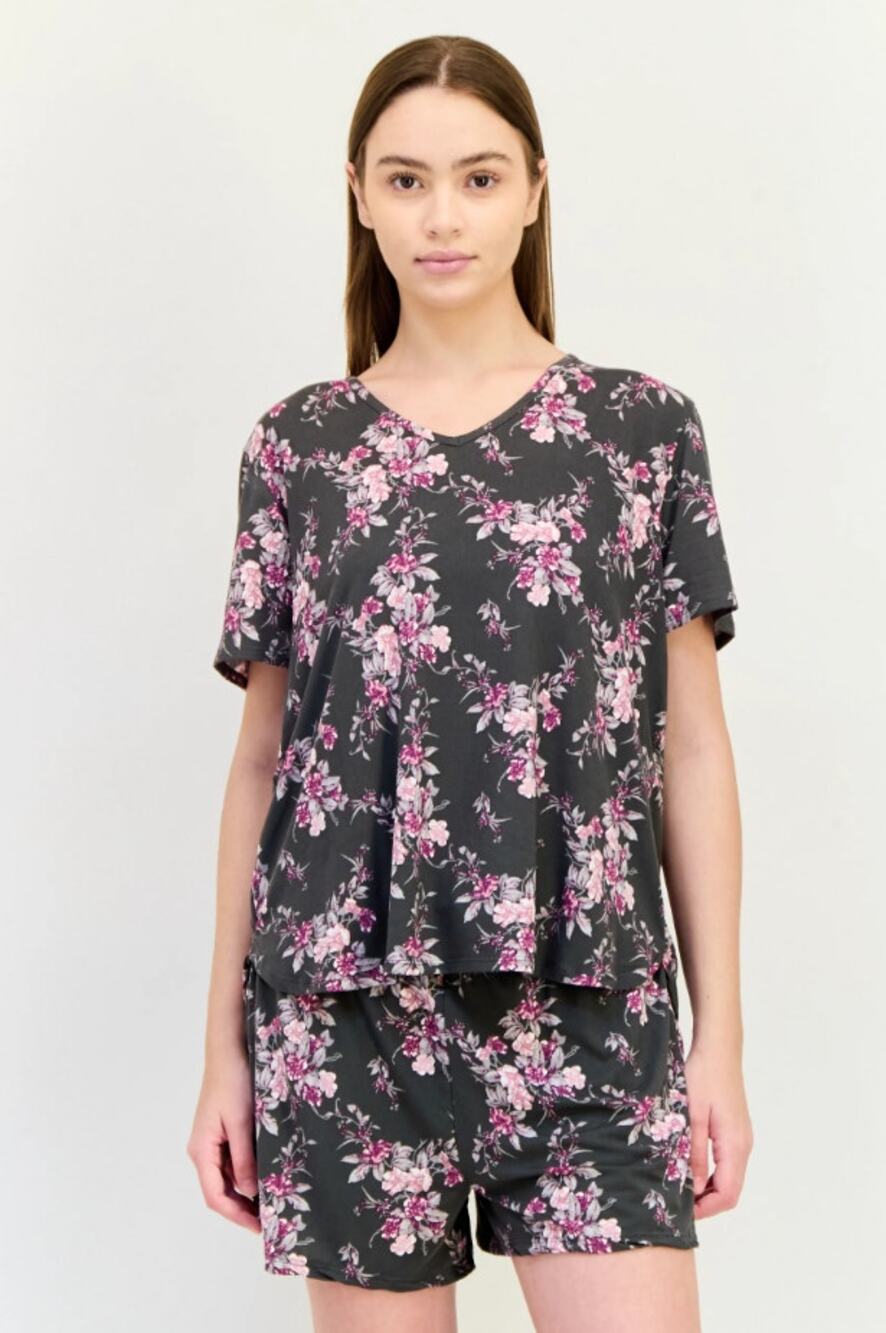 Jones NY NWT Size M Two-Piece Black Purple Floral Sleepwear Set Top & Shorts